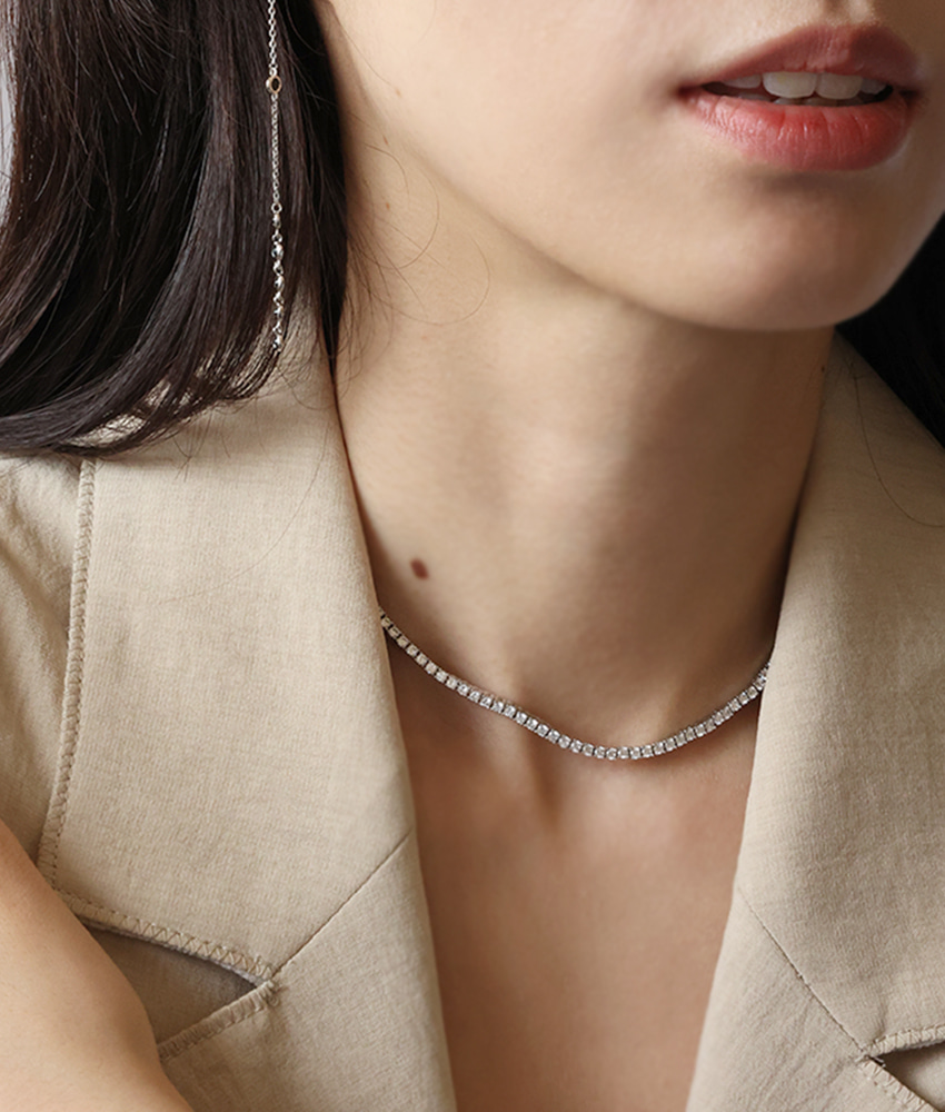 [White Label] Silver 925 Noe Pronting 3 mm Round Cubic Tennis Necklace