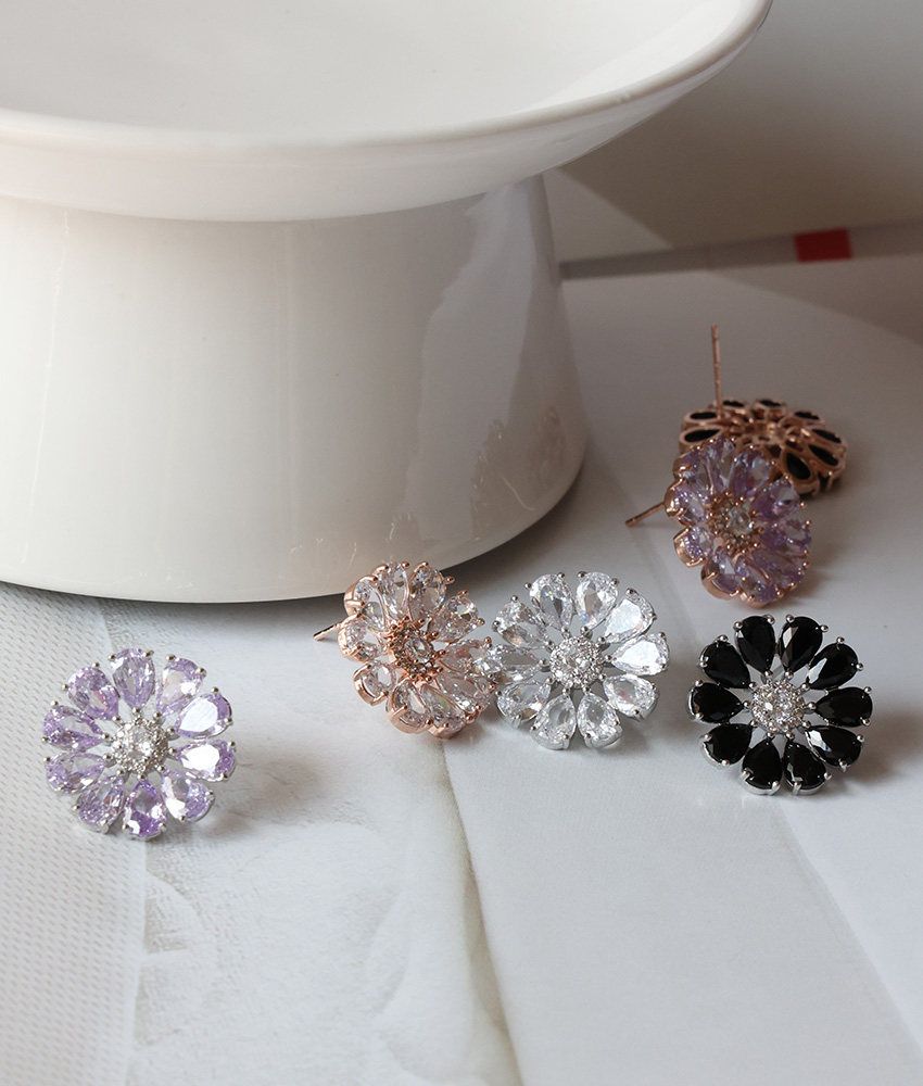 Rhonda Flower Color Cubic Silver needle Earrings